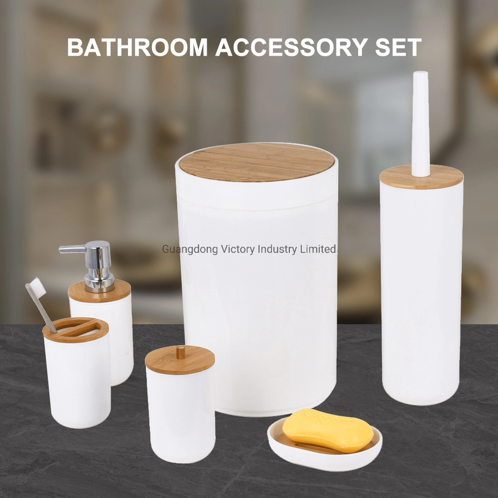 White with Bamboo Modern Hotel Plastic Bathroom Accessories Set