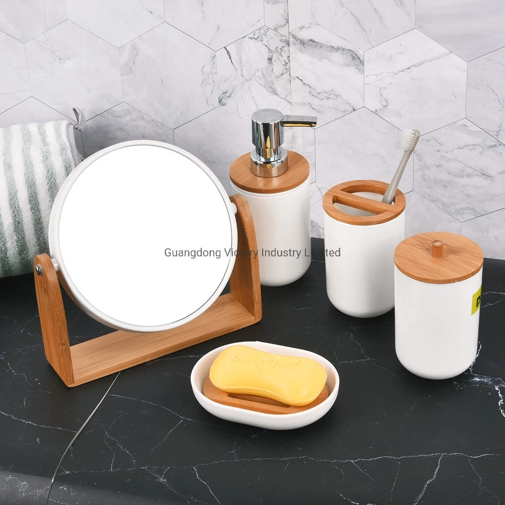 White with Bamboo Modern Hotel Plastic Bathroom Accessories Set